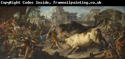 Jean-Francois De Troy Jason taming the bulls of Aeetes oil painting by Jean Francois de Troy depicting the classical Greek hero Jason during one of his challenges during hi